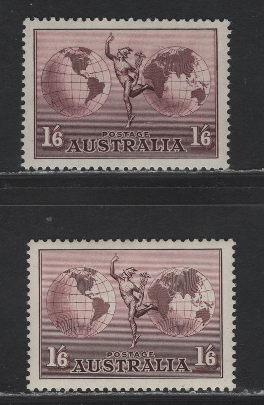 Lot 189 Australia SG#153a 1/6 Dull Purple , 1934-1948 Hermes Airmail Issue, 2 VFNH/OG Singles, Slightly Different Shades, One Having A More Reddish Tone & The Other Bronzer, C of A Wmk, Chalky Paper, Perf 13.5x14.