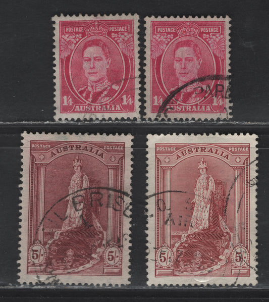 Lot 197 Australia (C) SG#176-a, 175 1/4d - 5/- Deep Magenta - Claret , 1937-1949 Zoological Issue, 3 Very Fine Used Singles, 2 Shades Og 1/4d Deep Magenta, 5/- On Both Chalky & Ordinary Paper