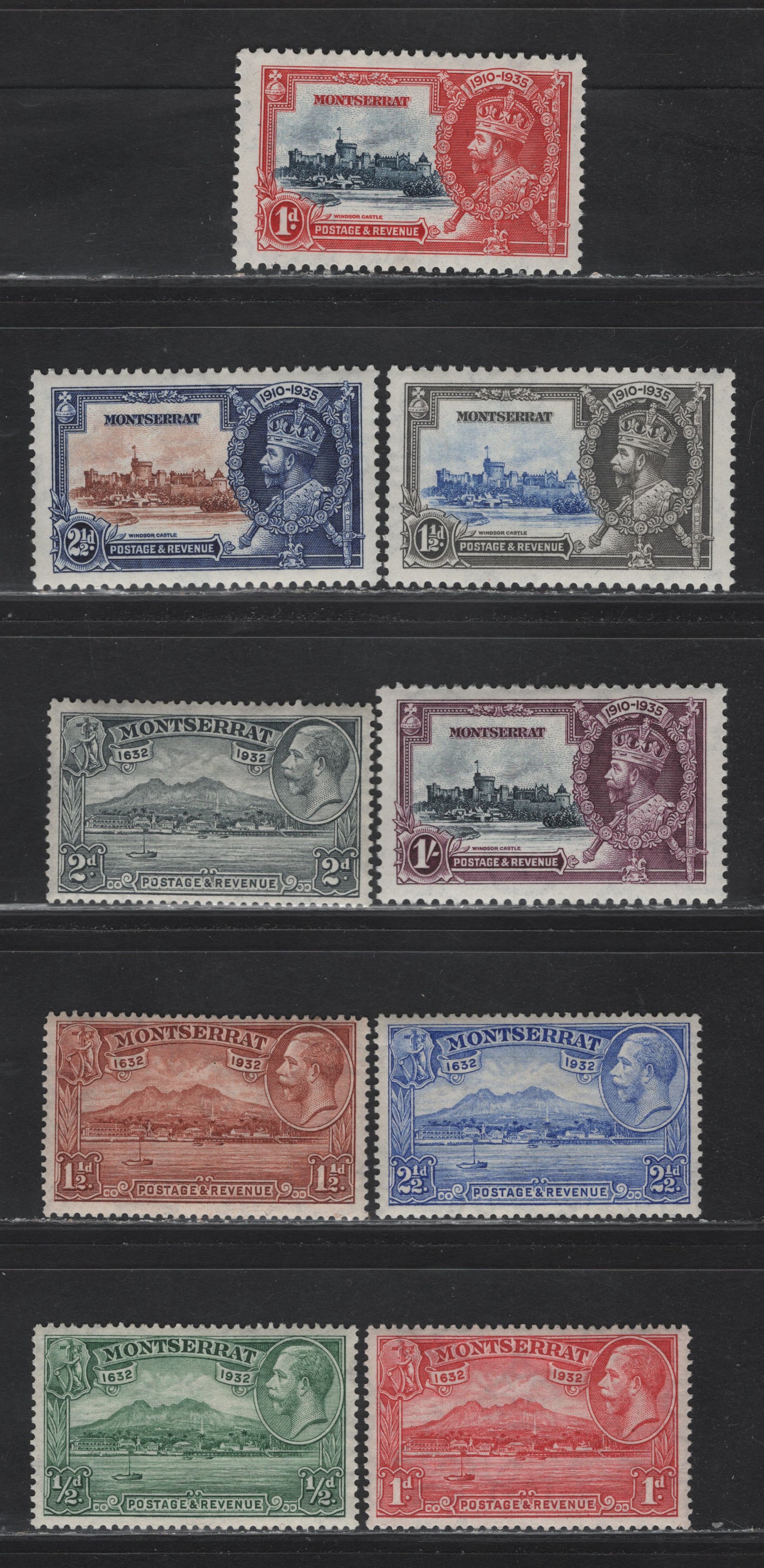Lot 211 Montserrat (C) SG#84-88, 94-97 1/2d - 1/- Green - Slate & Purple , 1932-1935 Plymouth Views, 300 Anniv of Plymouth Settlement & Silver Jubilee Issues, 9 F/VFOG Singles