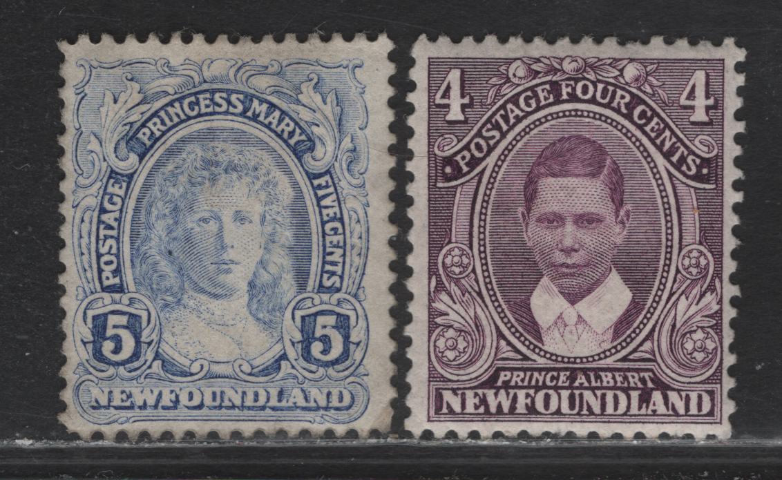 Lot 212 Newfoundland (C) #107-108 4c - 5c Violet - Ultramarine , 1911 Royal Family Issue, 2 F/VFOG Singles, Comb Perf Example Of 4c & Line Perf on 5c