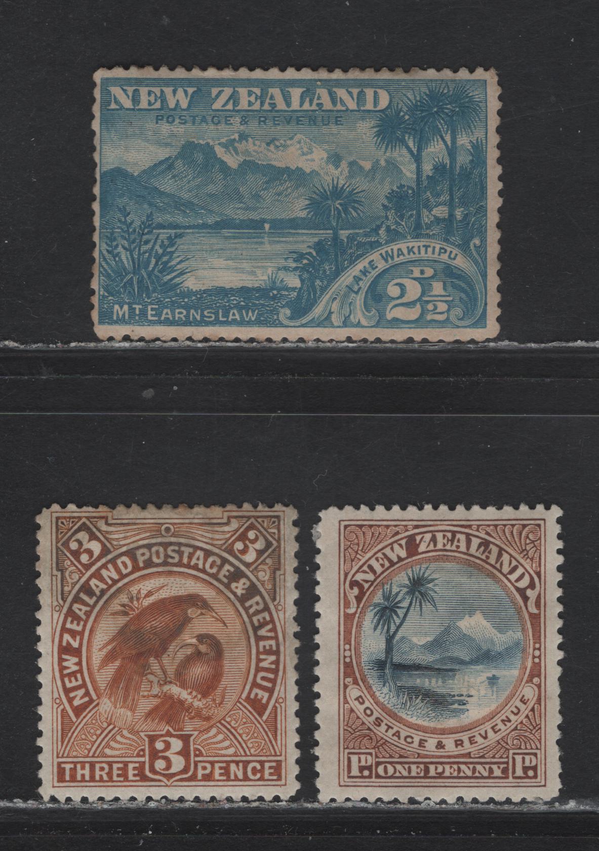 Lot 217 New Zealand (C)  SG#247, 249a, 251 1d - 3d Blue & Yellow Brown - Yellow Brown , 1898 Waterlow Pictorial Issue, 3 Fine/Very Fine Used Singles, No Watermark, Perf 12-16, Some Toning On 2.5d & Oxidation On 3d.