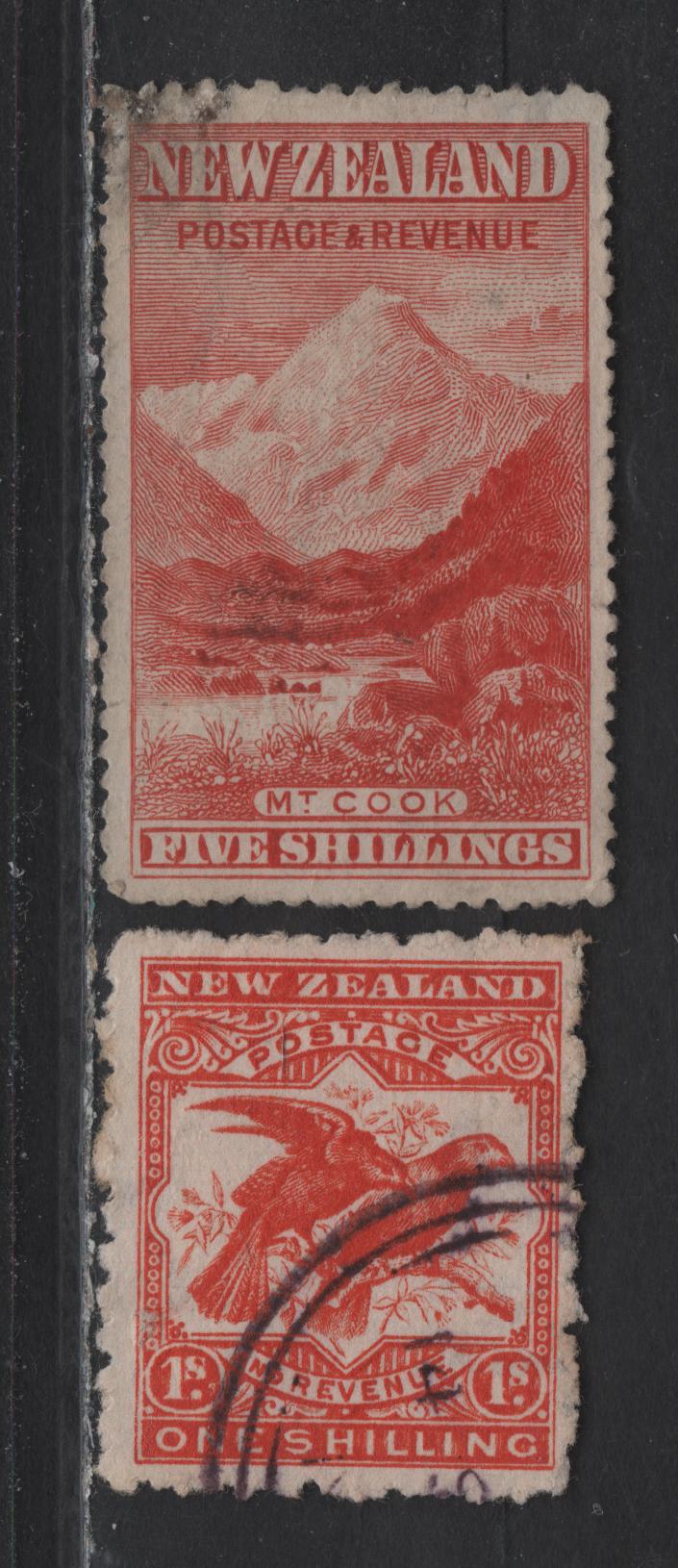 Lot 223 New Zealand (C)SG#259, 315b 5/- - 1/- Vermillion - Orange Red , 1898-1907 Pictorial Issue, 2 Very Good/Fine Unused Singles