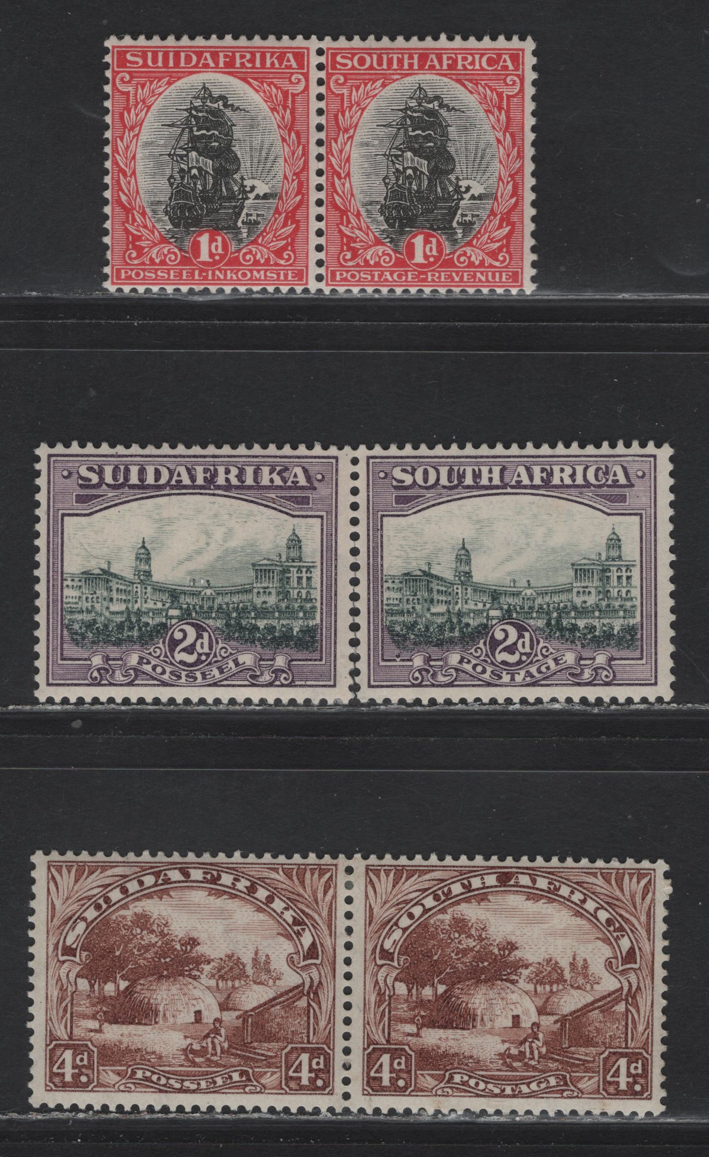 Lot 231 South Africa (C)  SG#43-44, 46c 1d - 4d Black & Carmine - Brown , 1930-1944 Photogravue Pictorial Issue, 3 VFOG Pairs, 1d Type 1, 4d 2nd Re-drawing, Significant Perf Separation On 2d Pair.