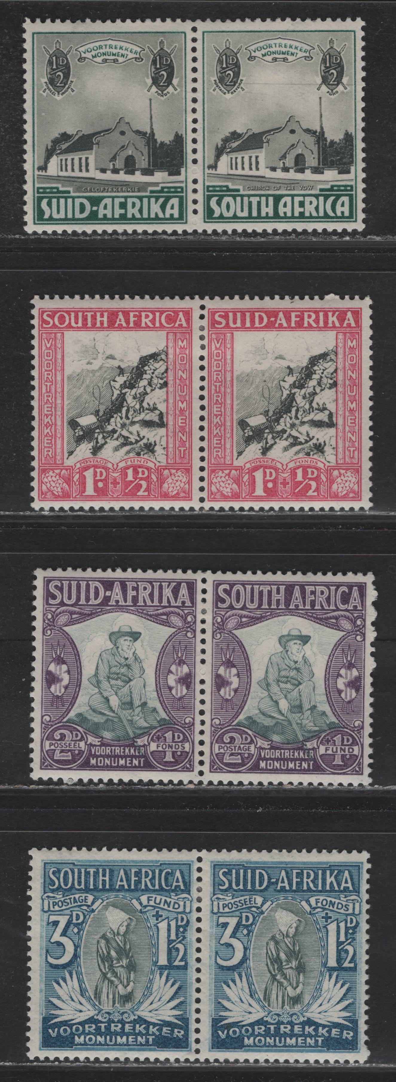 Lot 233 South Africa (C)  SG#50-53 1/2d+1/2d - 3d+1.5d Black & Green - Gray Green & Blue , 1933-1936 Voortrekker Memorial Fund Issue, 4 F/VFOG Pairs