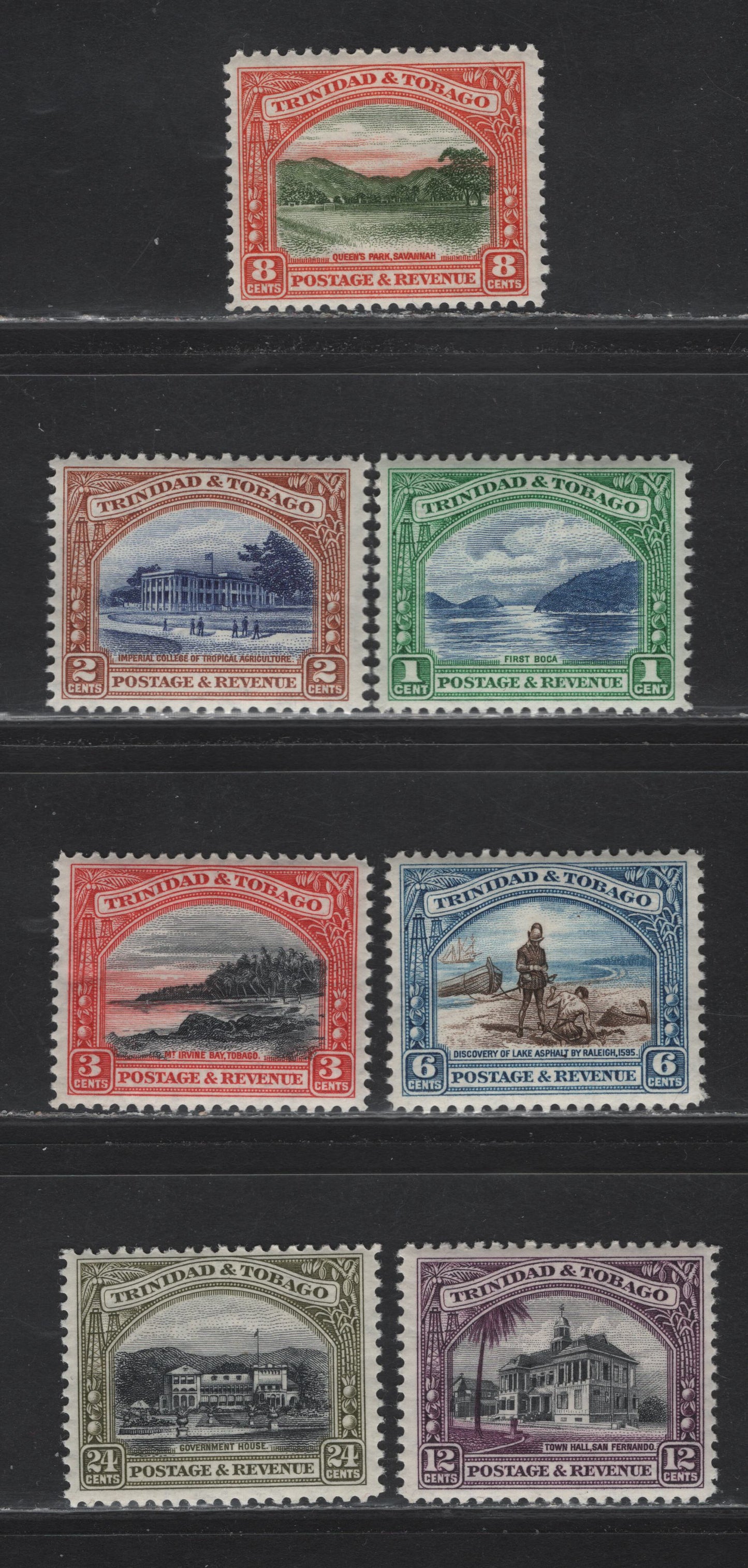 Lot 239 Trinidad & Tobago SG#230-236 1c - 24c Blue & Green - Black & Olive Green , 1935-1936 Pictorial Issue, 7 VFOG Singles, Perf 12