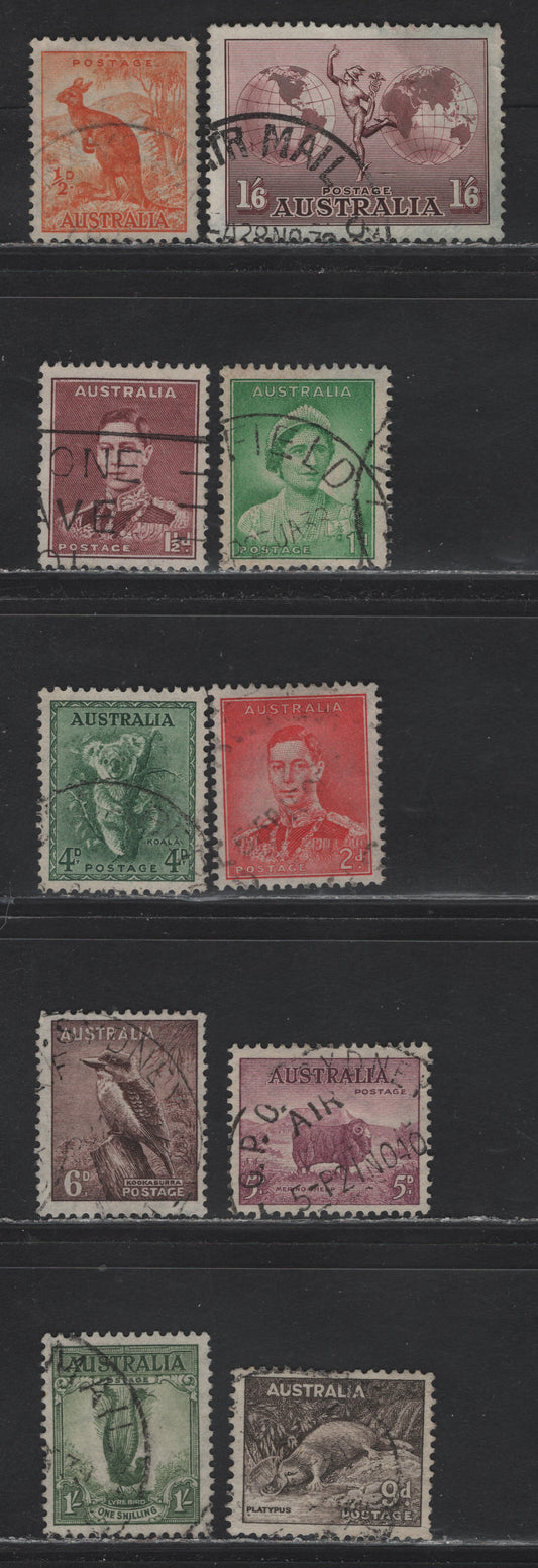 Lot 120 Australia (C) SG#153a, 164-167, 170-174 1/6d - 1/- Brown Purple - Gray Green , 1937-1949 Zoological - Mercury Airmail Issues, 10 Fine/Very Fine Used Singles, Perfs 13.5x14 & 14x13.5