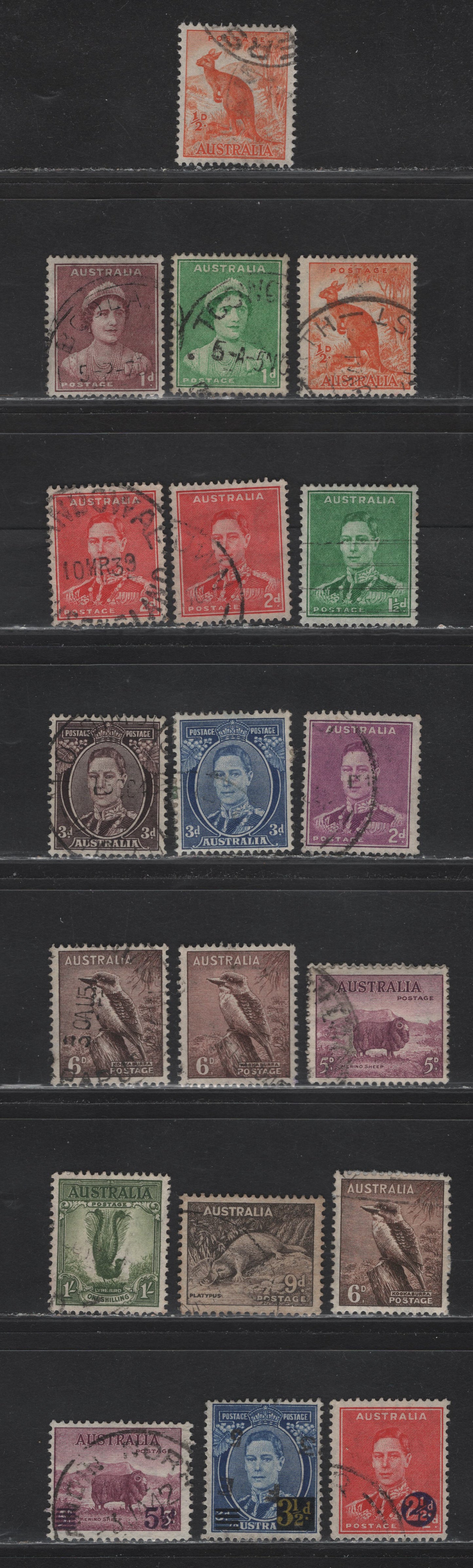 Lot 251 Australia (C) SG#179-181, 183-190a, 191-192, 200-202, 184w 1/2d - 5.5d on 5d Orange - Purple , 1937-1949 Zoological  & Surcharged Issues, 19 Fine/Very Fine Used Singles, Perf 15x14 or 14x15, Includes 2d With Inverted Wmk