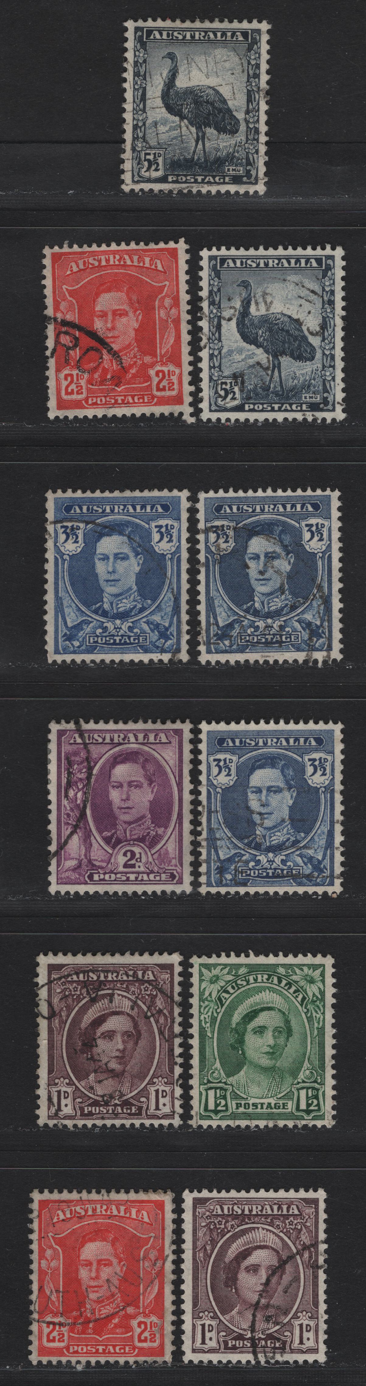 Lot 256 Australia (C) SG#203-208, 206w, 207a 1d - 5.5d Brown Purple - Slate Blue , 1942-1950 KGVI Portraits Issue, 11 Very Fine Used Singles, Shades Of Nearly All Values, Includes Inverted Wmk On 2.5d