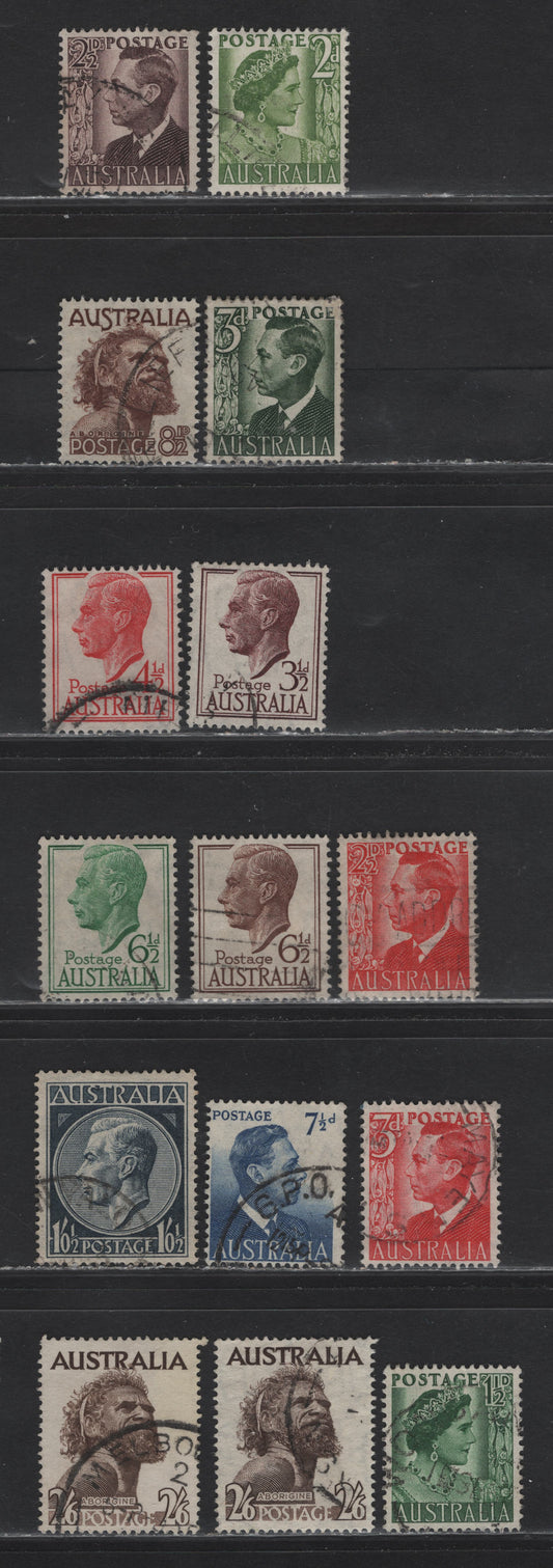 Lot 123 Australia (C) SG#234-237d, 238, 247-253b 2.5d - 2/6 Scarlet - Deep Brown , 1950-1952 King George VI & Queen Elizabeth Definitives, 15 Fine/Very Fine Used Singles, Complete Used Set, Including Watermarked & Unwatermarked 2/6