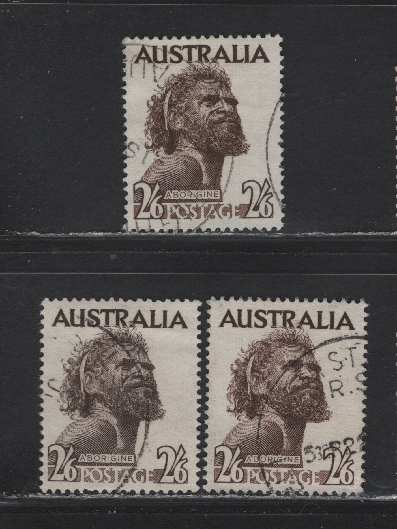 Lot 266 Australia SG#253b,ba 2/6 Deep Brown, Sepia & Blackish Brown , 1952-1965 Pictorial Issue, 3 Very Fine Used Singles, 1957 & 1965 Emergency Printings