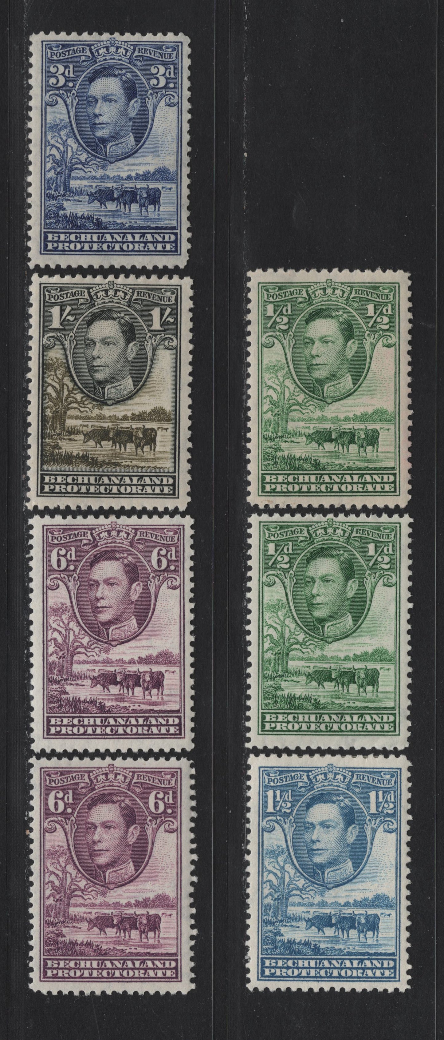 Lot 275 Bechuanaland (C) SG#118,b, 120a, 122, 124-a, 125 1/2d - 1/- Green - Black & Brown Olive , 1938-1982 KGVI Baobab Tree & Cattle Issue, 7 VFOG Singles, 1944-1945 Printings On Slightly Translucent Paper, Smooth Crackly Toned Gum & Clearer Wmks
