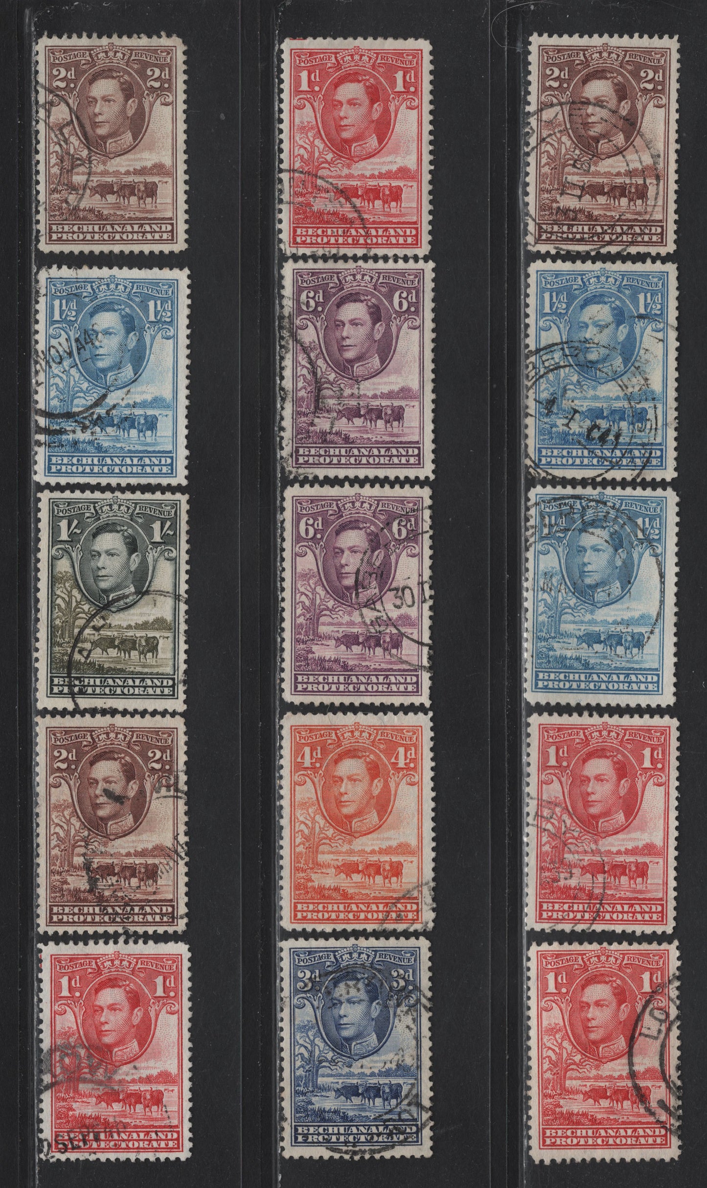 Lot 277 Bechuanaland (C) SG#119, 120-a, 121-124a, 125 1d - 1/- Scarlet - Black & Brown Olive , 1938-1982 KGVI Baobab Tree & Cattle Issue, 15 Very Fine Used Singles, 1938, 1942, 1945-1946, 1948-1949 & 1952 Printings