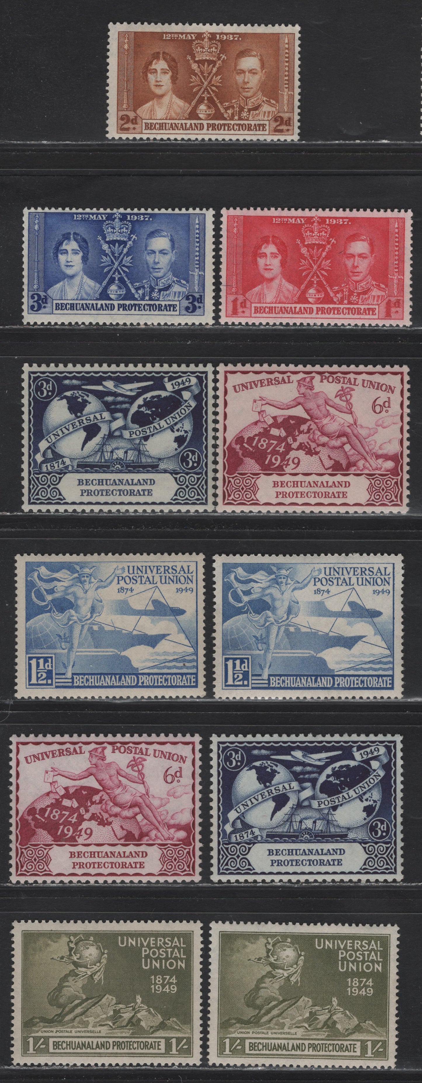 Lot 278 Bechuanaland (C) SG#115-117, 138-141 1d - 1/- Scarlet - Olive , 1938-1982 KGVI Baobab Tree & Cattle Issue, 11 F/VFNH Singles, Includes Two UPU Sets With Each Value Appearing A Very Slightly Different Shade Of The Other