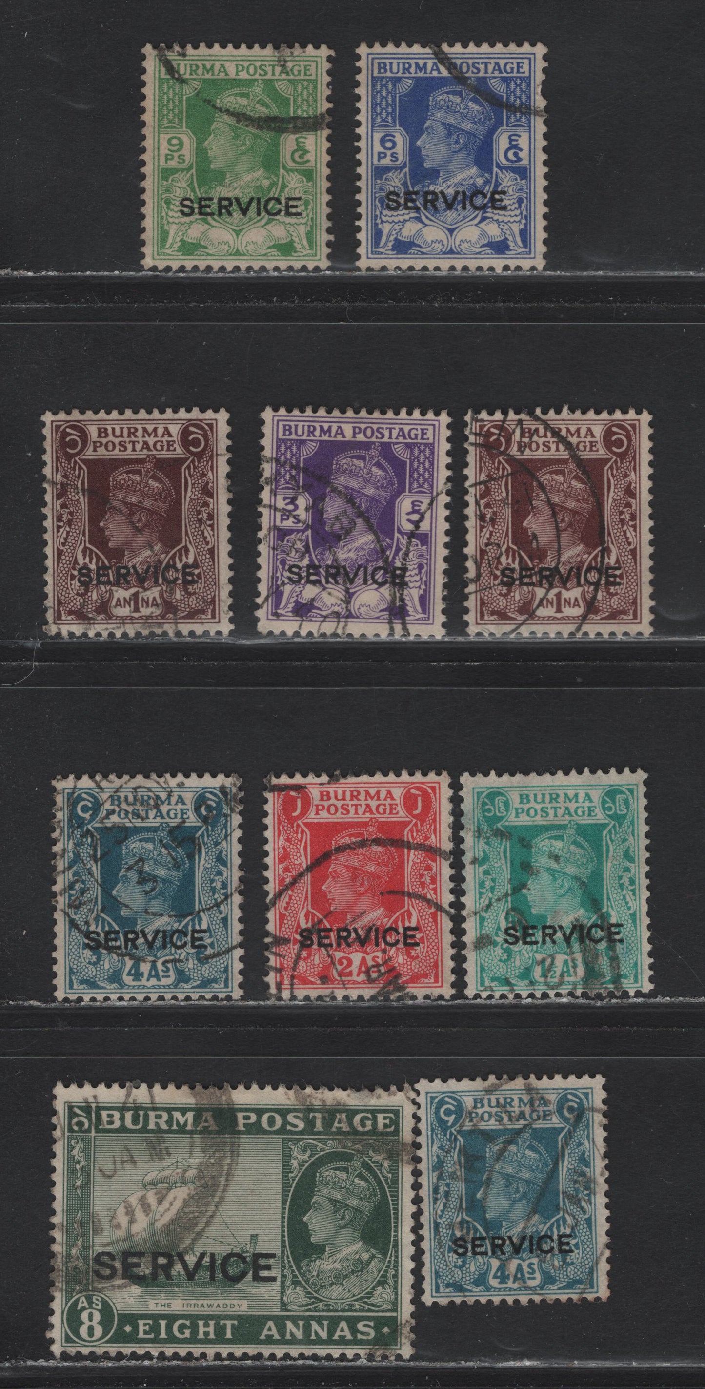 Lot 288 Burma SG#O15-O20, O22-O23 3p - 8a Bright Violet - Myrtle Green , 1939 Service Overprinted Issue, 10 Very Good/Fine/Very Fine Used Singles, Extra Shades Of 1a & 4a
