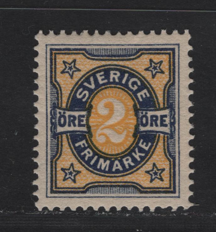 Lot 29 Sweden SC#53 2o Dark Blue & Pale Yellow Numeral, 1891-1904 King Oscar II & Numeral Issue, A VFOG Single