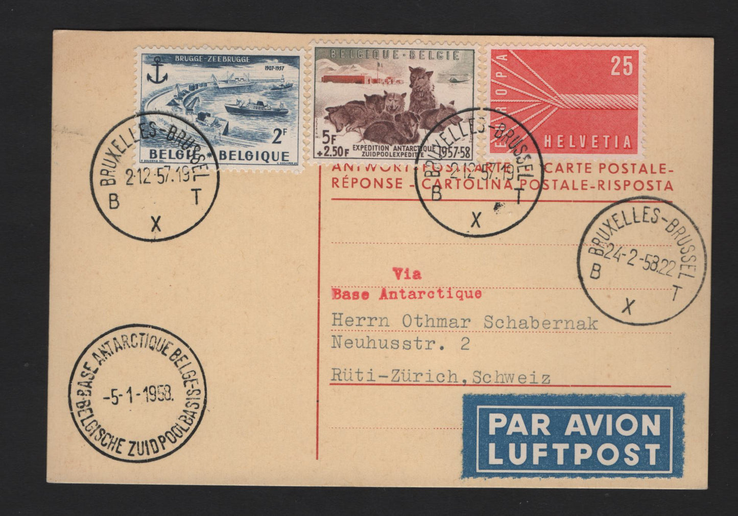 Lot 293 Belgium & Switzerland (C) 1957-1958 Antarctic Base Issue, A Very Fine Used Cover, Mailed From Brussels To Belgian Antarctic Base, Back to Brussels & Then On To Switzerland