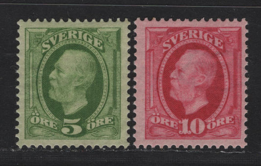 Lot 30 Sweden SC#56var, 58var (Facit# 52evm, 54evm) 5o - 10o Yellow Green - Bright Carmine King Oscar II, 1891-1904 King Oscar II & Numeral Issue, 2 F/VFOG Singles, Inverted Wmk