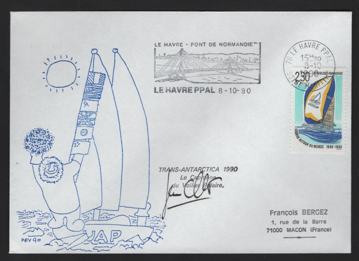 Lot 310 FSAT (C) 1990 Trans-Antarctica, A Very Fine Used Cover, Carried Aboard the Volier Polaire, The French Antarctic Research Ship From Le Havre To Macon, Commemorative Cachet.