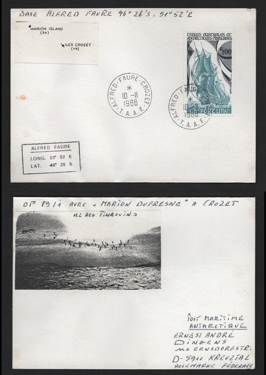Lot 311 FSAT (C) 1988 Crozet Island, A Very Fine Used Cover, Addressed On Reverse To France, Cut & Paste Cachet Showing TheLocation Of The Island Relative To Marion