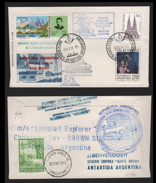 Lot 317 Argentina (C) 1975 Base Brown Antarctic Tourist Expedition, A Very Fine Used Cover, Sent From Base Brown On Christmas Day 1975, Appropriate Cachets On Front & Back, Nov. 1976 Buenos Aires Receiving Backstamp.