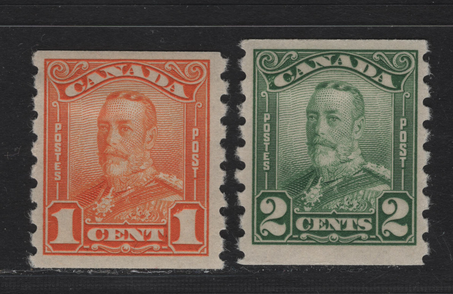 Lot 342 Canada #160-161 1c-2c Orange & Green King George V, 1928-1929 Scroll Issue , 2 VFOG Singles On ABN-OOOO Paper