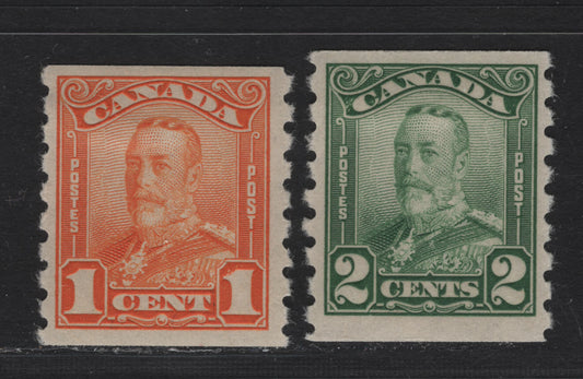 Lot 342 Canada #160-161 1c-2c Orange & Green King George V, 1928-1929 Scroll Issue , 2 VFOG Singles On ABN-OOOO Paper