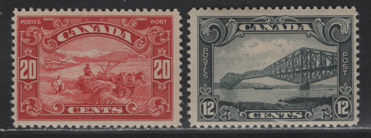 Lot 346 Canada #156-157 12c, 20c Slate & Carmine Quebec Bridge, Harvesting Wheat, 1928-1929 Scroll Issue , 2 Fine OG Singles On ABN-M Paper