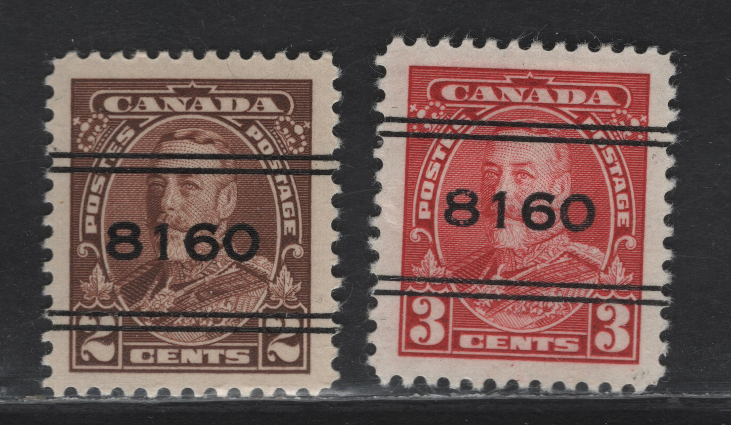 Lot 351 Canada #218xx-219xx 2c-3c Brown & Carmine King George V, 1935-1937 Dated Die Issue Airmail, 2 VFOG Singles On CBN-HHHH Paper, Perf 12 x 11.9, Calgary Style 4 Precancels
