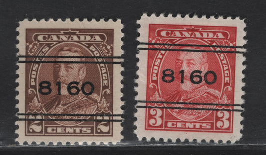 Lot 351 Canada #218xx-219xx 2c-3c Brown & Carmine King George V, 1935-1937 Dated Die Issue Airmail, 2 VFOG Singles On CBN-HHHH Paper, Perf 12 x 11.9, Calgary Style 4 Precancels