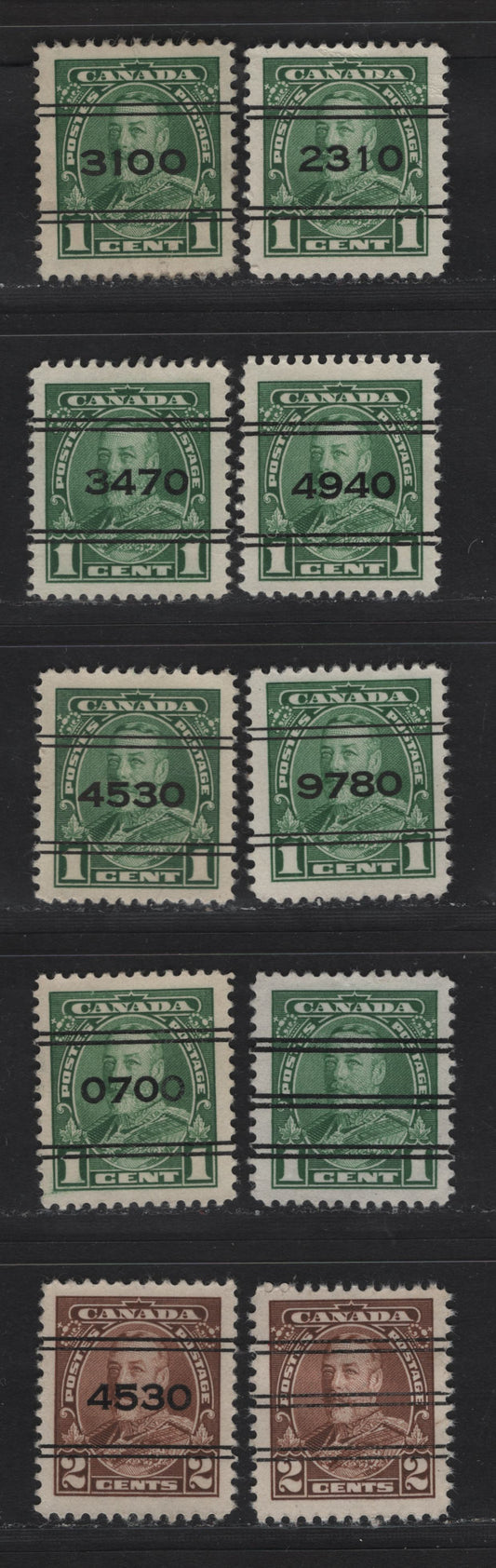 Lot 354 Canada #217xx-219xx 1c-3c Green-Carmine King George V, 1935-1937 Dated Die Issue Airmail, 9 VF Used Singles On Different Papers With Various Town Precancels, Plus X Style Precancels