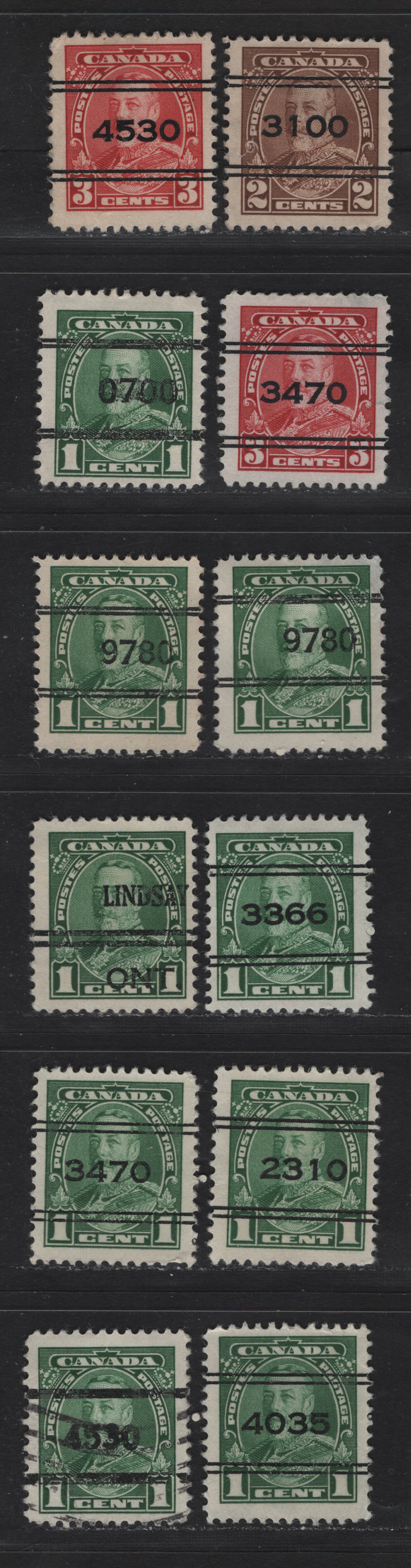 Lot 355 Canada #217-219xx 1c-3c Green-Carmine King George V, 1935-1937 Dated Die Issue Airmail, 12 Fine Used Singles On Different Papers With Various Town Precancels