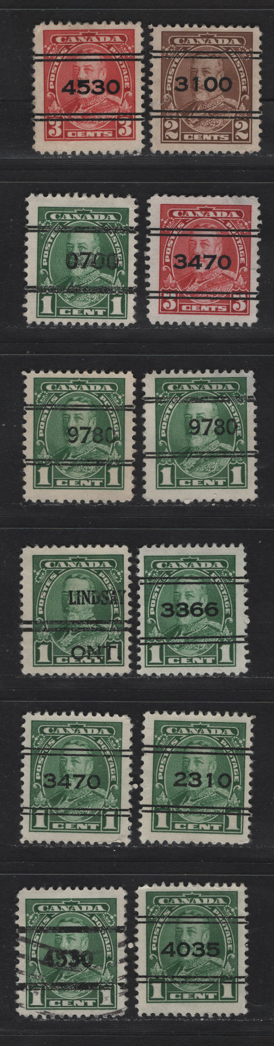 Lot 355 Canada #217-219xx 1c-3c Green-Carmine King George V, 1935-1937 Dated Die Issue Airmail, 12 Fine Used Singles On Different Papers With Various Town Precancels