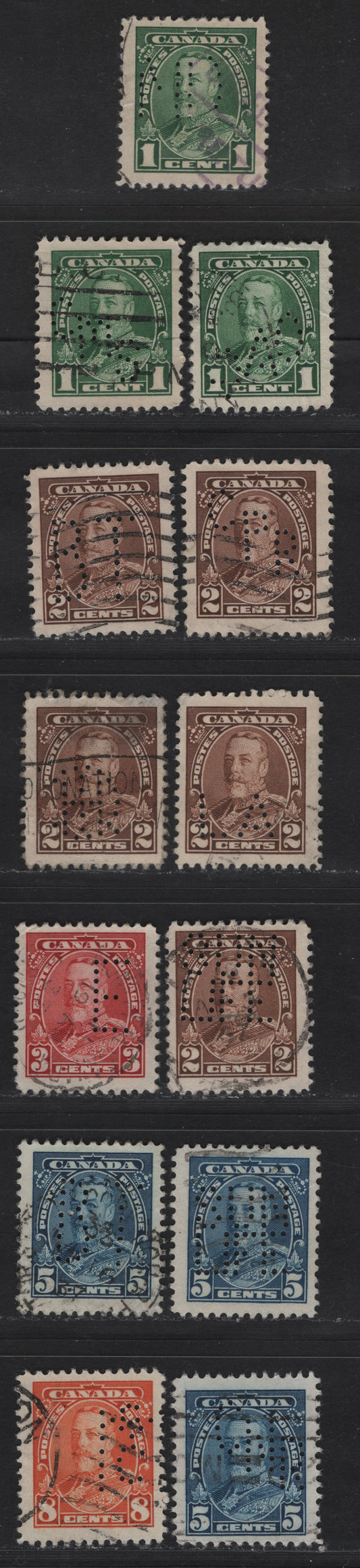 Lot 356 Canada #217var-219var, 221var, 222var 1c-3c, 5c, 8c Green - Red Orange King George V, 1935-1937 Dated Die Issue Airmail, 13 Fine & VG Used Singles On Different Papers With Various Perfins