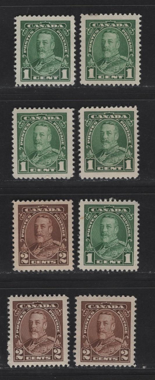Lot 361 Canada #217-218 1c-2c Green-Brown King George V, 1935-1937 Dated Die Issue Airmail, 8 VFOG Singles On Various Papers With Different Perfs. See If You Can Identify Them Using My Table of CBN Paper Types, Generally Different From Lots 359 and 360