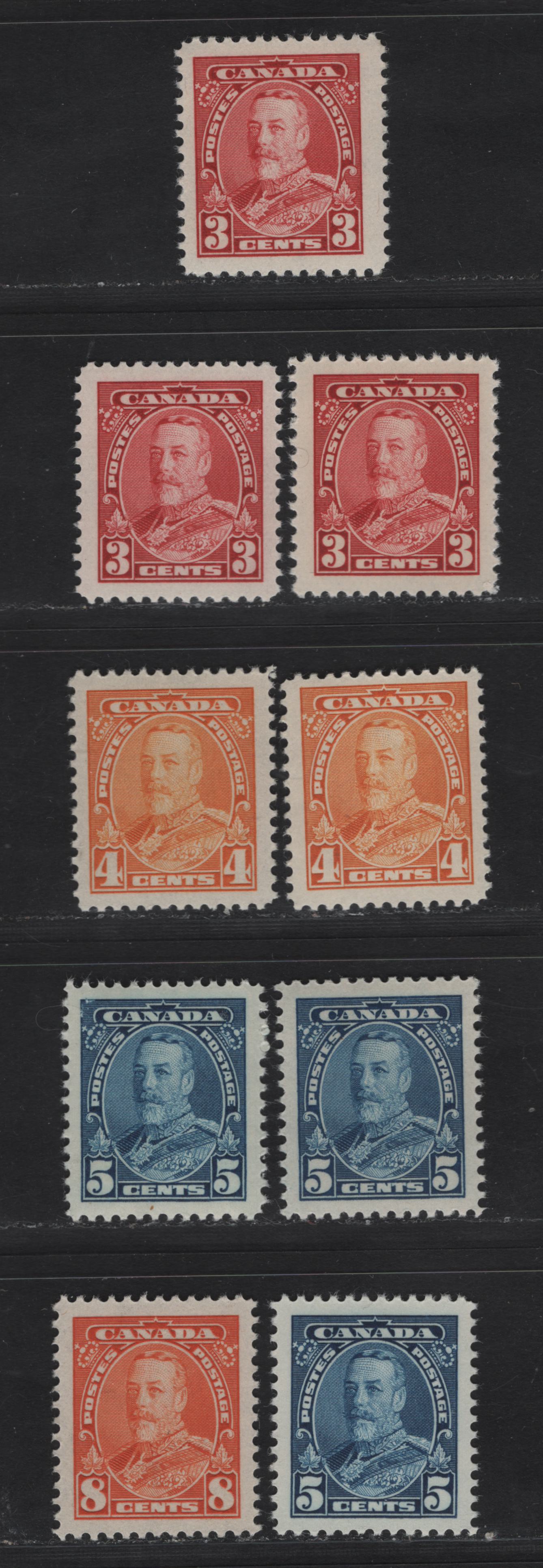 Lot 363 Canada #219-222 3c-8c Carmine - Red Orange King George V, 1935-1937 Dated Die Issue Airmail, 9 VFNH Singles On Various Papers With Different Perfs. See If You Can Identify Them, Using My Table Of CBN Papers, Generally Different From Lots 362-366