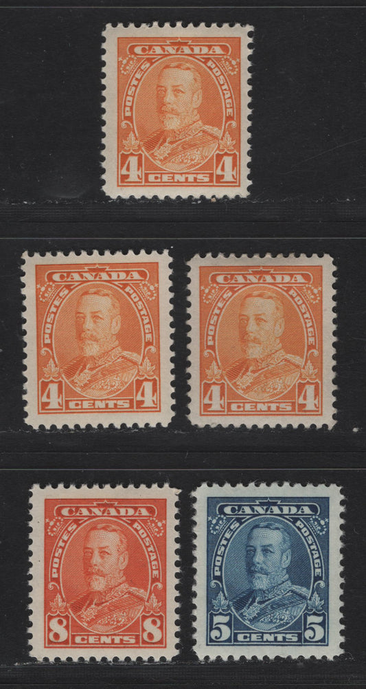 Lot 364 Canada #220-222 4c-8c Orange Yellow - Red Orange King George V, 1935-1937 Dated Die Issue Airmail, 5 VFOG Singles On Various Papers With Different Perfs. See If You Can Identify Them , Generally Different From Lots 363, and 365-366