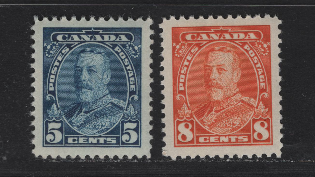 Lot 365 Canada #221-222 5c, 8c Deep Blue & Red Orange King George V, 1935-1937 Dated Die Issue Airmail, 2 VFNH Singles On CBN-IIII and CBN-JJJJ Papers, Unchecked as to Perf, These Are Different From The 5c & 8c In The Other Lots