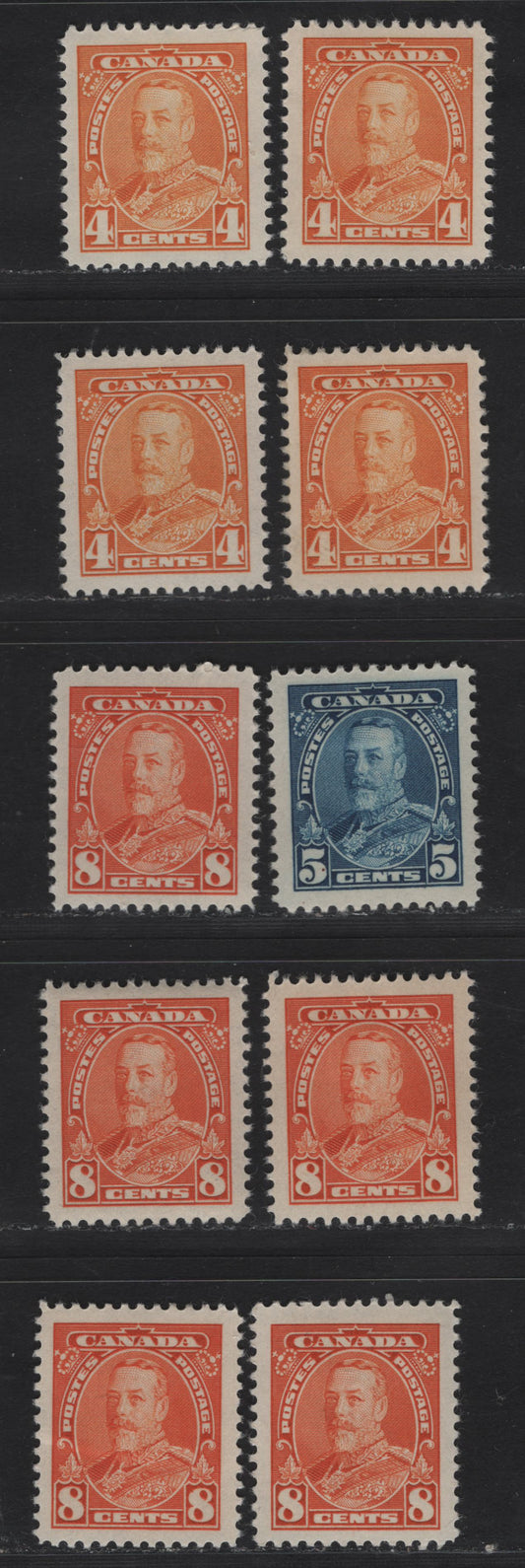 Lot 366 Canada #220-222 4c-8c Orange Yellow - Red Orange King George V, 1935-1937 Dated Die Issue Airmail, 10 VFOG Singles On Various Papers With Different Perfs. See If You Can Identify Them Using My Tables, Generally Different From Lots 363-365
