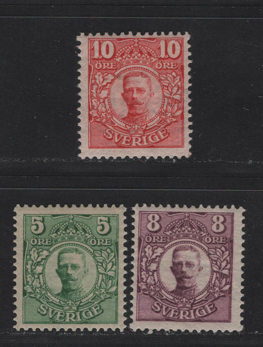 Lot 42 Sweden SC#77var, 79var, 80var (Facit #79Bz, 81Bz) 5o - 10o Green - Carmine Gustaf V, 1910-1919 King Gustaf V Portraits Issue, 3 F/VFOG Singles, KPL Wmk , The Marginal Wmk