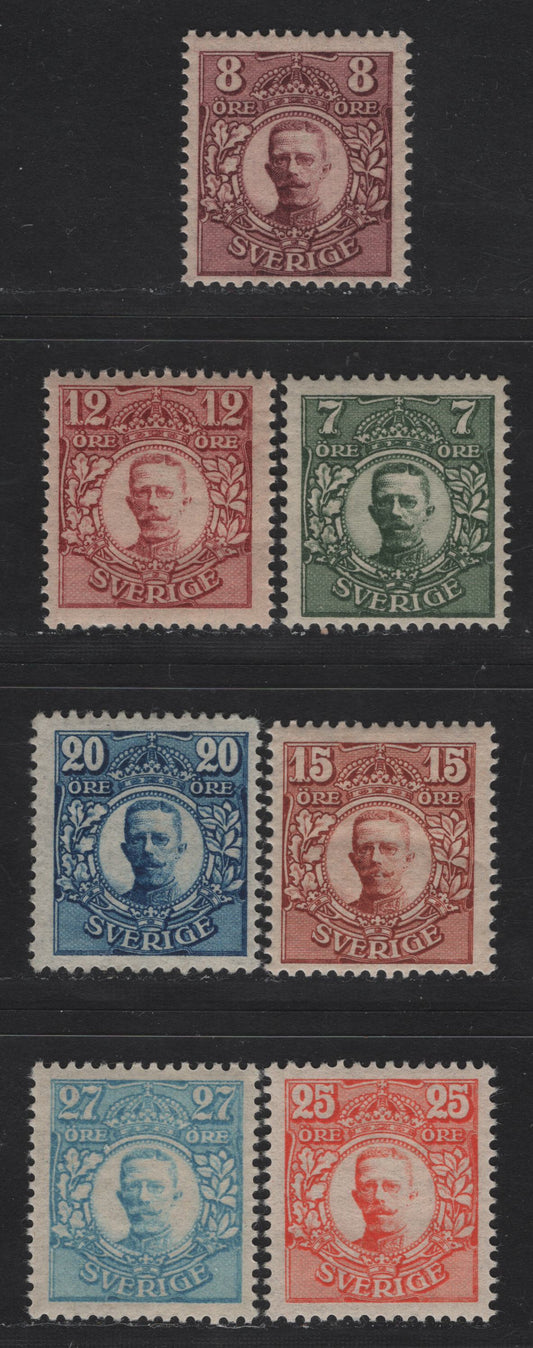 Lot 43 Sweden SC#78/85 7o - 27o Gray Green - Pale Blue Gustaf V, 1910-1919 King Gustaf V Portraits Issue, 7 F/VFOG Singles, Unwatermarked