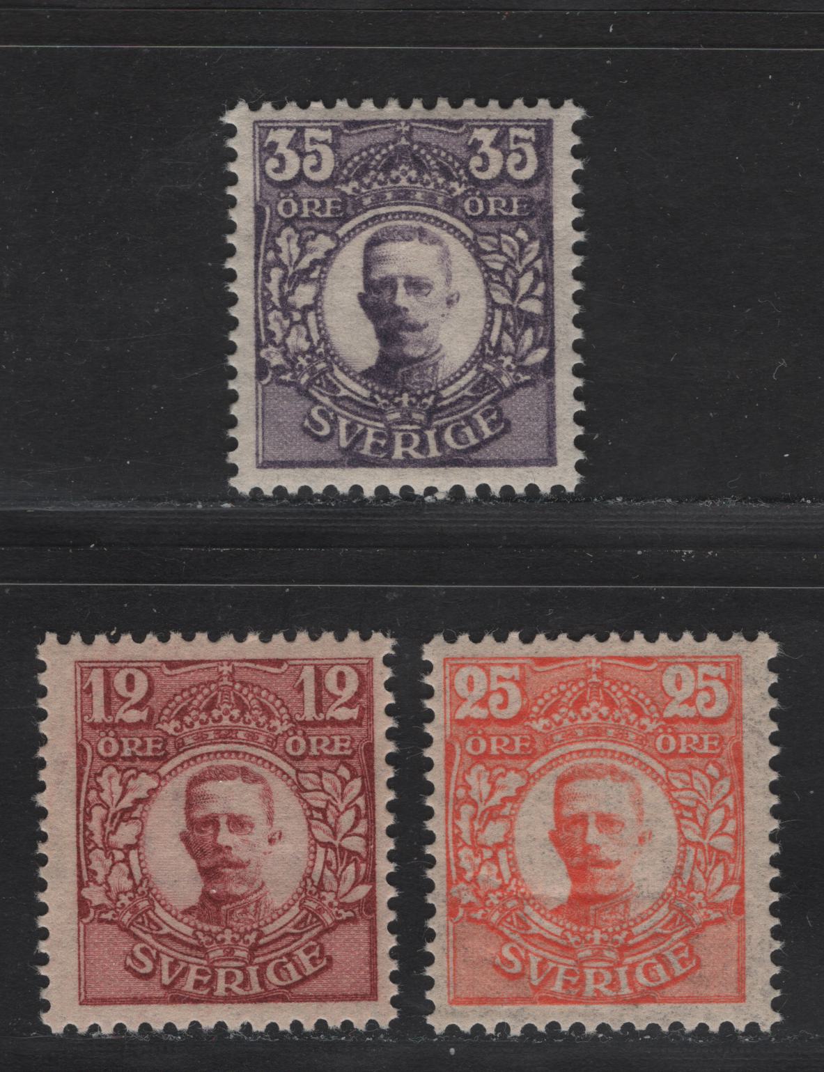 Lot 44 Sweden SC#81var, 84var, 87var (Facit# 83Bz, 86Bz, 89Bz) 12o - 35o Rose Lake - Dark Violet Gustaf V, 1910-1919 King Gustaf V Portraits Issue, 3 F/VFOG Singles, KPL (Sheet Margin) Wmk