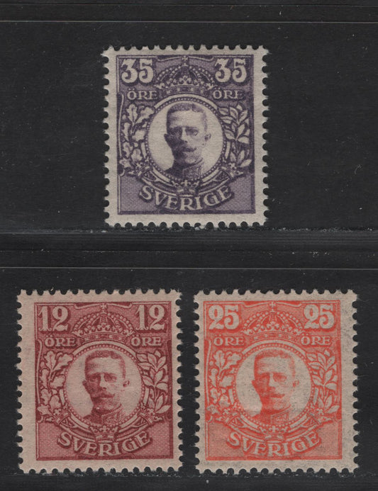 Lot 44 Sweden SC#81var, 84var, 87var (Facit# 83Bz, 86Bz, 89Bz) 12o - 35o Rose Lake - Dark Violet Gustaf V, 1910-1919 King Gustaf V Portraits Issue, 3 F/VFOG Singles, KPL (Sheet Margin) Wmk