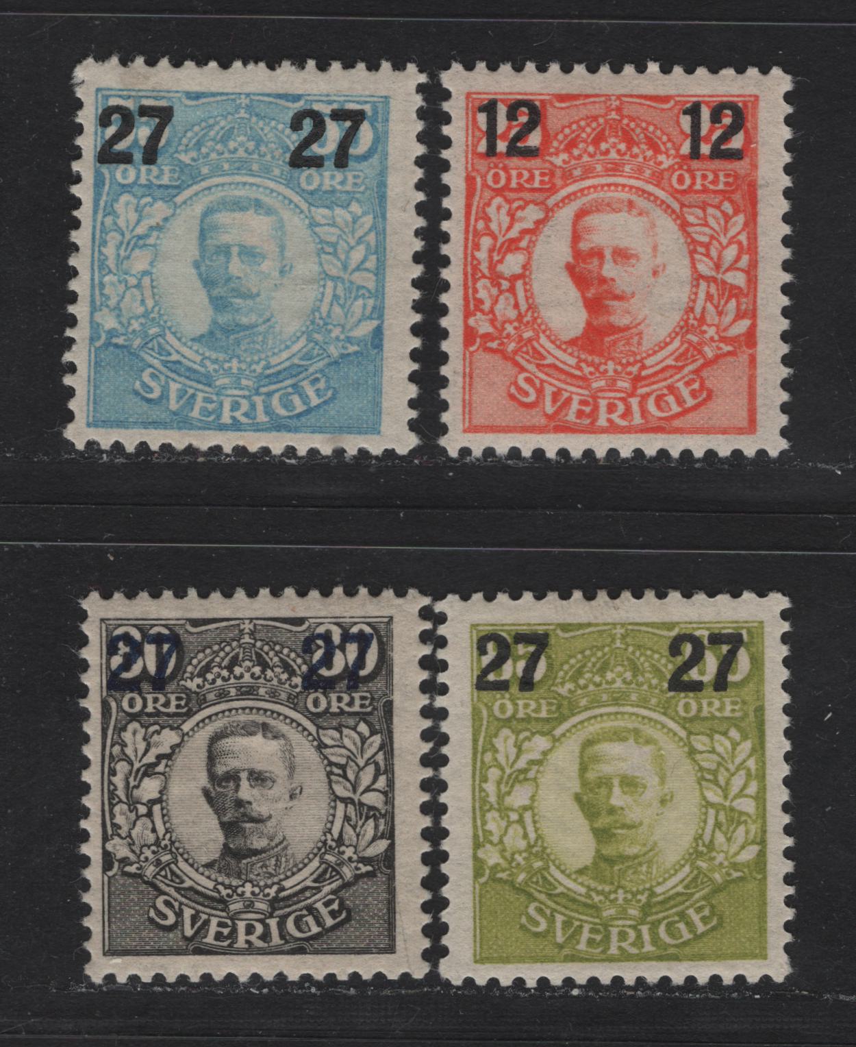 Lot 48 Sweden SC#100var, 102-104 (Facit# 100Bz, 102-104) 12o on 25o - 27o on 80o Orange - Black Gustaf V, 1918 Surcharged Issue, 4 F/VFOG Singles, KPL Wmk