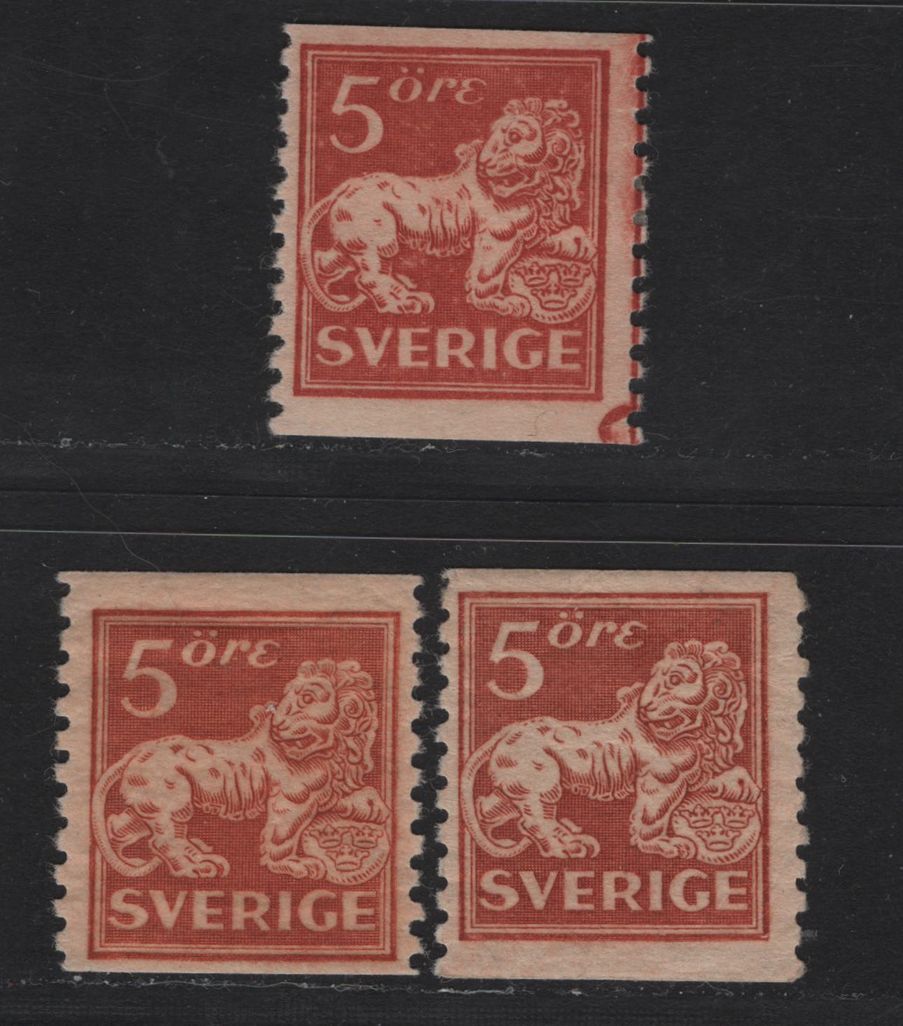 Lot 50 Sweden SC#117, 123var (Facit# 141b, 141cx, 141a) 5o Brownish Red & Orange Brown Lion, 1920 Standing Lion Issue, 3 FOG Singles, Types 1 & 2, One Type 2 Having Inverted Wmk, Others Perf 9.75 Vertical.