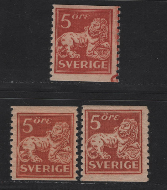 Lot 50 Sweden SC#117, 123var (Facit# 141b, 141cx, 141a) 5o Brownish Red & Orange Brown Lion, 1920 Standing Lion Issue, 3 FOG Singles, Types 1 & 2, One Type 2 Having Inverted Wmk, Others Perf 9.75 Vertical.