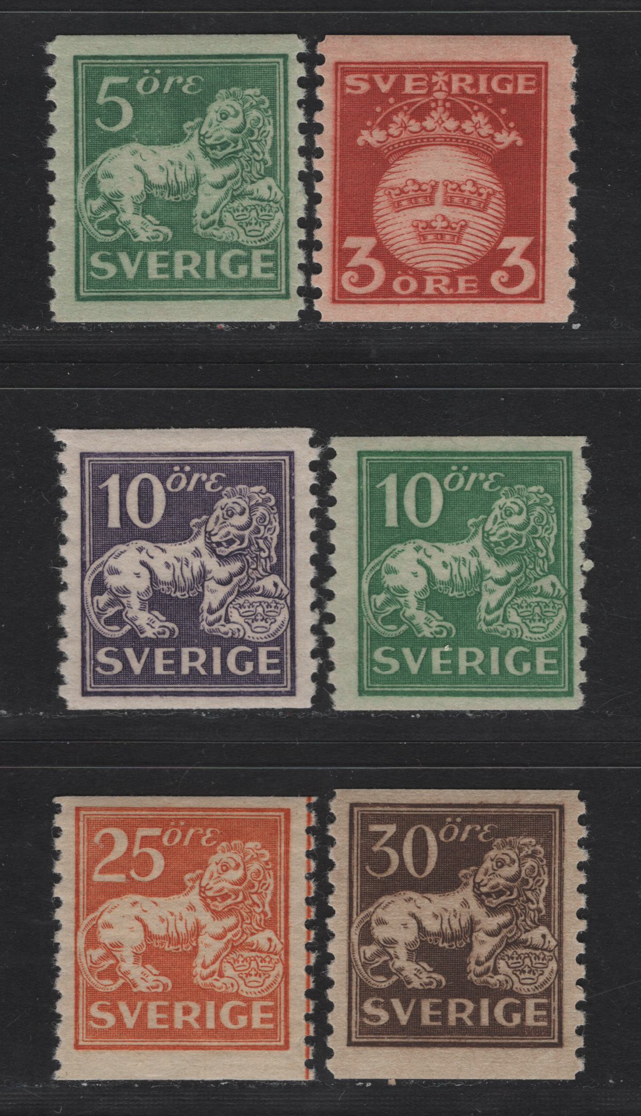 Lot 51 Sweden SC#115-121 (Facit# 139, 140b, 144b, 145A, 147, 148Aa) 3o - 30o Copper Red - Dark Brown Lion, 1920 Standing Lion Issue, 5 FOG/NH Singles, Perf 9.75 Vertical, Unwatermarked, Type 1 On Various Papers.
