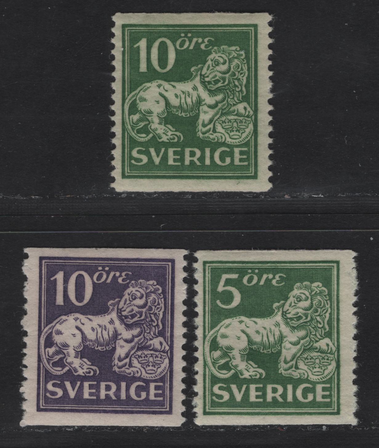Lot 56 Sweden SC#135, 137-138 (Facit# 143ebcxz, 144Ecx, 145Ecx) 5o - 10o Yellowish Green - Ultramarinish Violet Lion, 1920 Standing Lion Issue, 3 F/VFOG Singles, Types 1 & 12, All Wmk Wavy Lines, Perf 13 Vertical On White Paper.