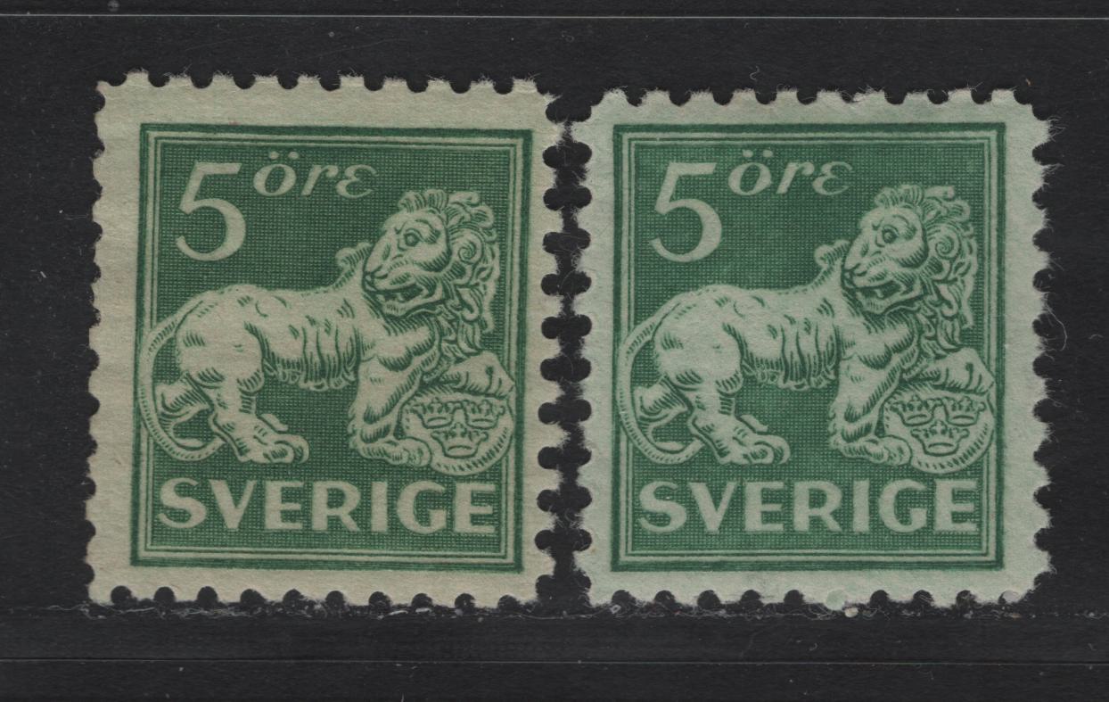 Lot 58 Sweden SC#126, 130 (Facit# 140Ccx, 140c) 5o Green Lion, 1920 Standing Lion Issue, 2 F/VFOG Singles, Type 1, Perf 9.75 Vertical, Watermarked & Unwatermarked.