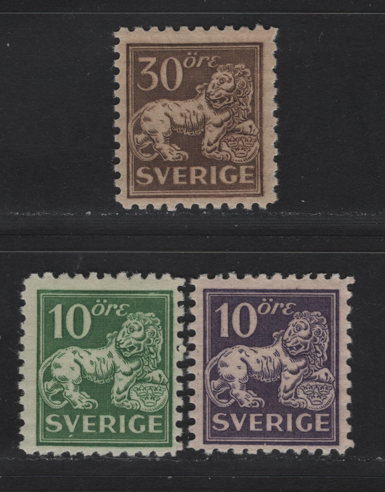 Lot 59 Sweden SC#127-129 (Facit# 144ca, 145c, 148c) 10o - 30o Green - Brown Lion, 1920 Standing Lion Issue, 3 F/VFOG Singles, Type 1, Unwatermarked, Perf 9.75.