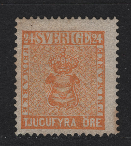 Lot 6 Sweden SC#10 (Facit #10d2) 24o Orange Arms, 1858-1862 Arms Issue, A Fine Unused Single, 1865 Perf